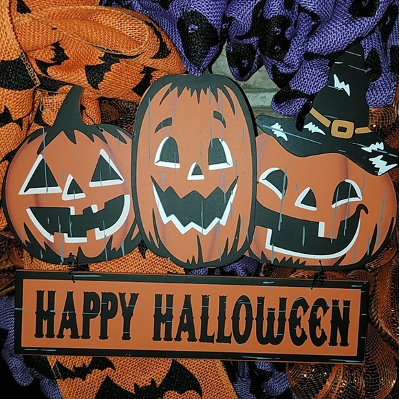 BURLAP JACK-O'-LANTERN BLACK CAT HALLOWEEN WREATH - Picture 3 of 5